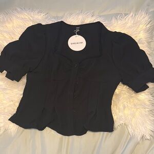 SHEIN Black Puff Sleeve Blouse with Notched Collar